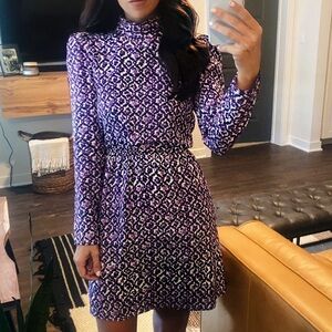 Worn once. Women's Purple Patterned Long-Sleeve Mock Neck mini Dress